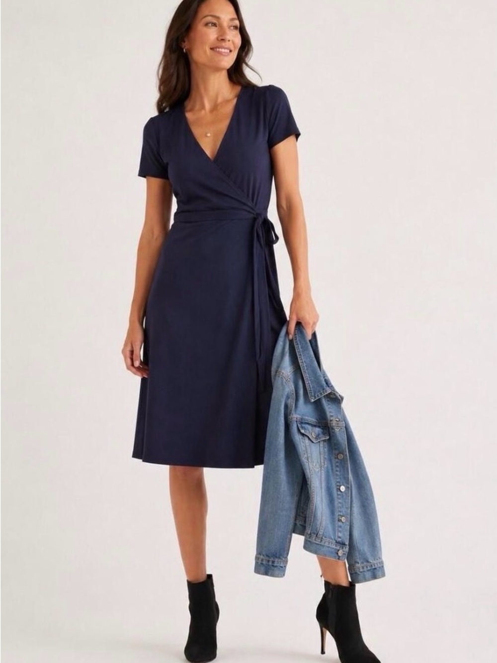 Boden Navy Midi Wrap Dress with Cap Sleeves 6R